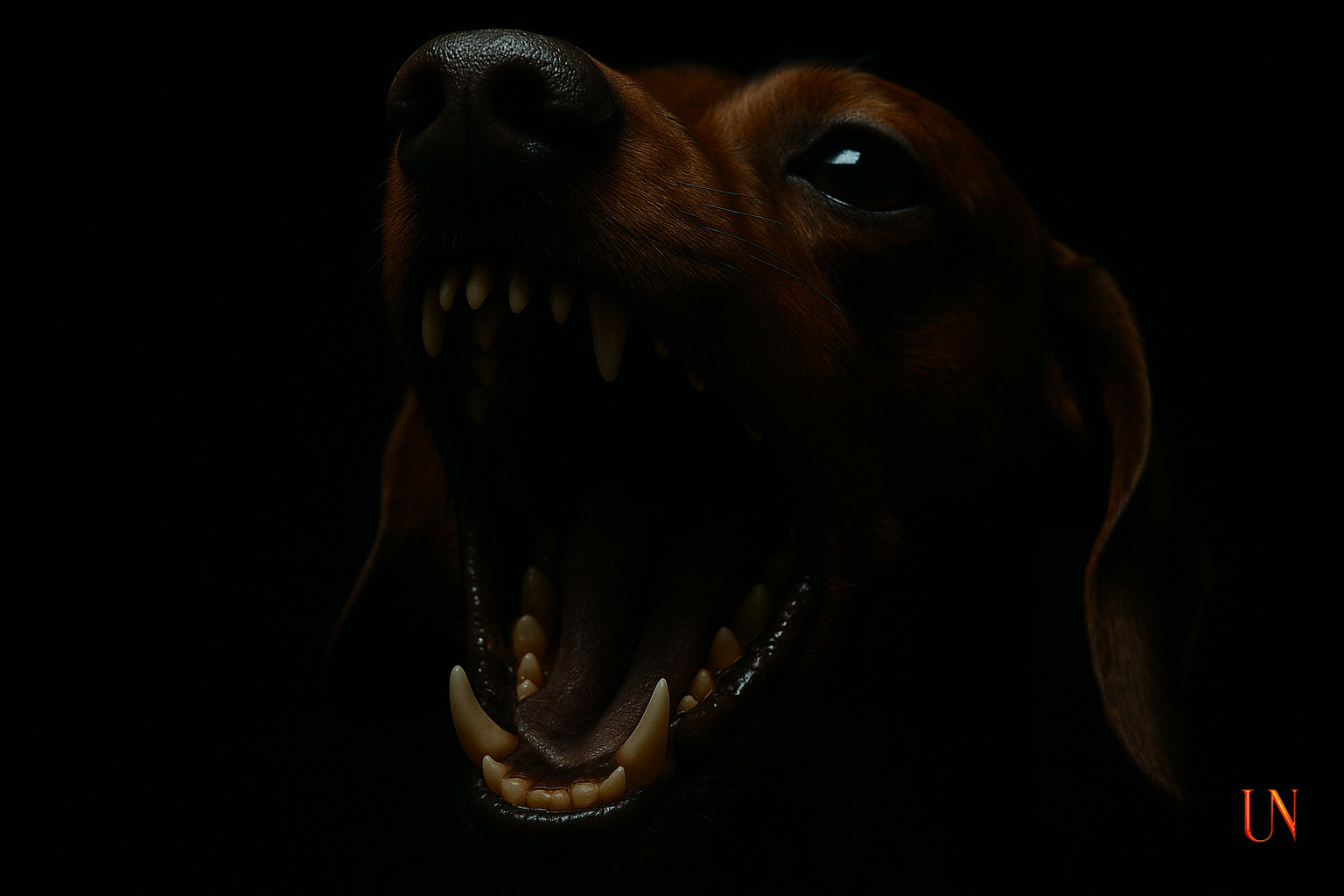 A hyper-realistic, low-light photograph of a dachshund’s open mouth, teeth bared in sharp detail. The dog’s nose and one eye are barely visible in the shadows, while its teeth and tongue glint under faint illumination. The image is atmospheric, unsettling, and cinematic, evoking both ferocity and fragility.