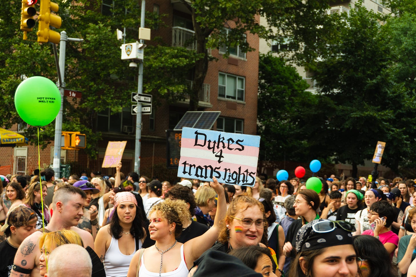A crowd of queers under a green understory of trees. In focus is someone with curly hair smiling to the person at their side. They are holding up a sign that reads “dykes 4 trans rights.”