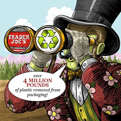 Fearless looking through binoculars with TJ's logo and chasing arrows - caption: over 4 million pounds of plastic removed from packaging!