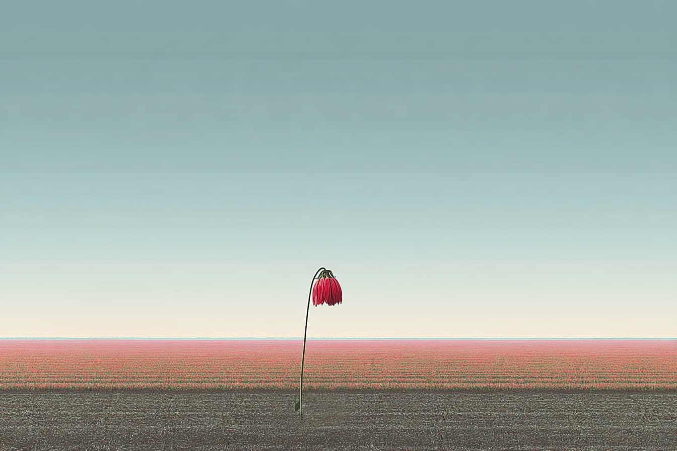 illustration of a wilted flower in the middle of a field.