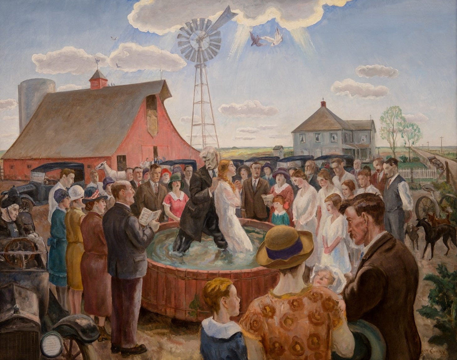 John Steuart Curry painting of a believer’s baptism in a farm water tank, Kansas, 1928 John Steuart Curry painting of a believer’s baptism in a farm water tank, Kansas, 1928