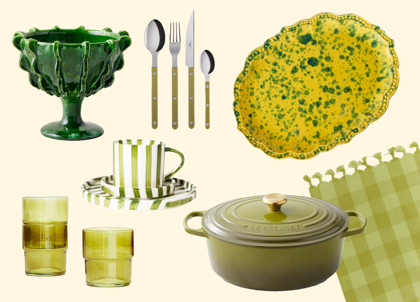 A collage of tablewares in a green color scheme