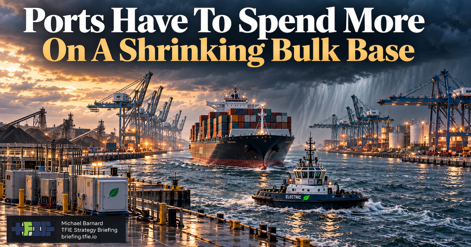 Large container ship and electric tug entering an industrial port between competing terminals under storm clouds, with cranes, bulk infrastructure and electrical equipment visible along the quays. Large container ship and electric tug entering an industrial port between competing terminals under storm clouds, with cranes, bulk infrastructure and electrical equipment visible along the quays.