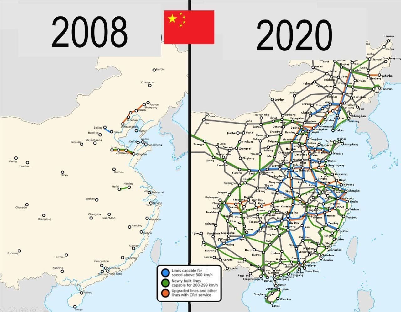 Chinese High-Speed Railway Map 2008 vs. 2020 : r/China
