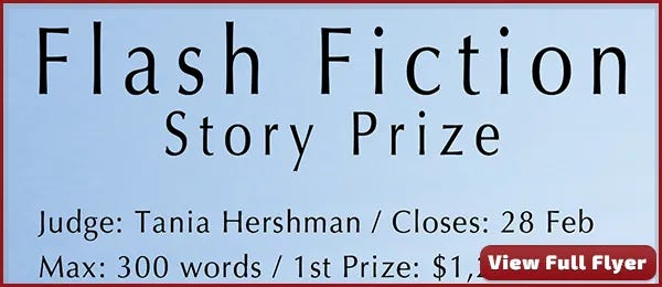 Banner announcing the Fish Publishing Flash Fiction Story Prize, listing judge Tania Hershman, Feb 28 deadline, 300‑word max, $1,200 first prize, and a “View Full Flyer” button.
