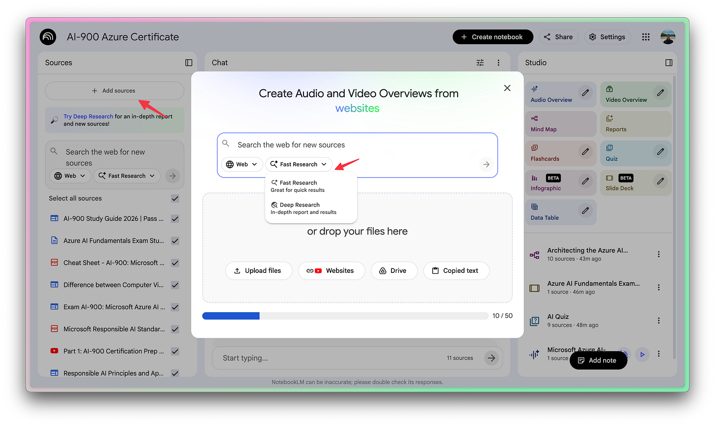 Adding NotebookLM sources with Deep Research