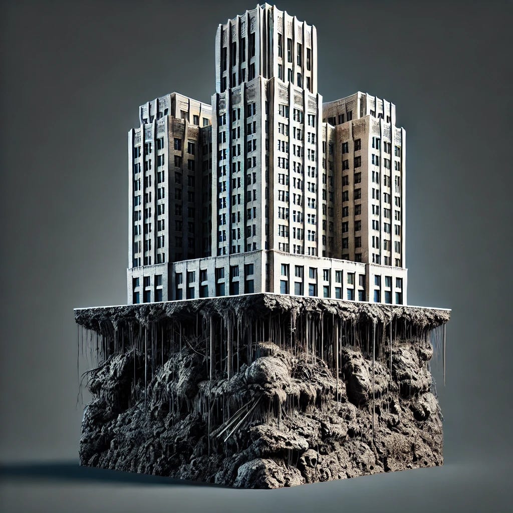An image of a strong, impressive-looking building with a foundation that is visibly rotten, decaying, and severely deteriorating. The decay should be obvious and detailed, showing cracks, mold, and structural weakness. The building above remains solid and pristine, creating a sharp contrast that symbolizes severe underlying issues threatening the overall integrity.