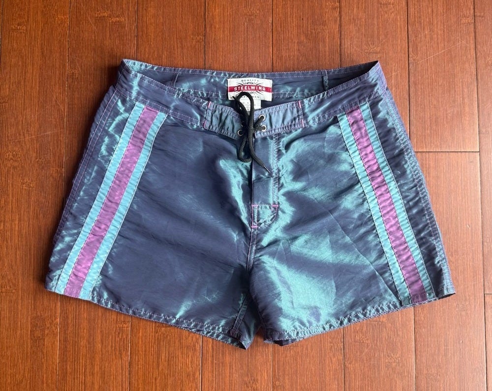 Vintage Steelwing Iridescent Y2K Boardshorts with Purple Stripe Detail - Picture 1 of 9 Vintage Steelwing Iridescent Y2K Boardshorts with Purple Stripe Detail - Picture 1 of 9
