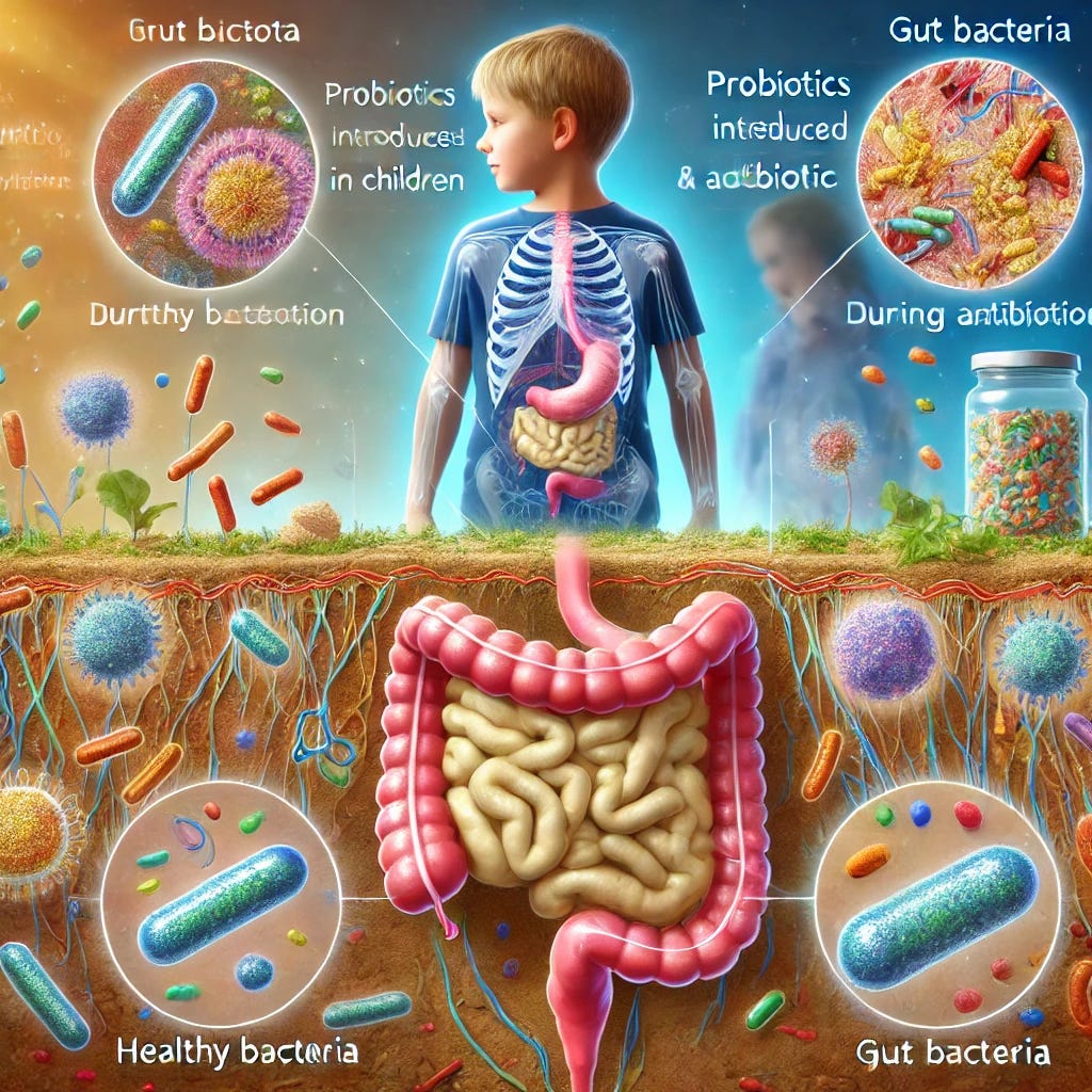 A detailed and scientific illustration of the human gut microbiota in children, showing the interaction between probiotics and gut bacteria during antibiotic treatment. The image should depict a diverse array of microorganisms, highlighting both healthy bacteria and those affected by antibiotics. Include a visual representation of probiotics being introduced and interacting with gut bacteria, indicating temporary changes and restoration over time. The scene should be visually engaging and informative, using vibrant colors and clear differentiation between different types of bacteria and probiotics.