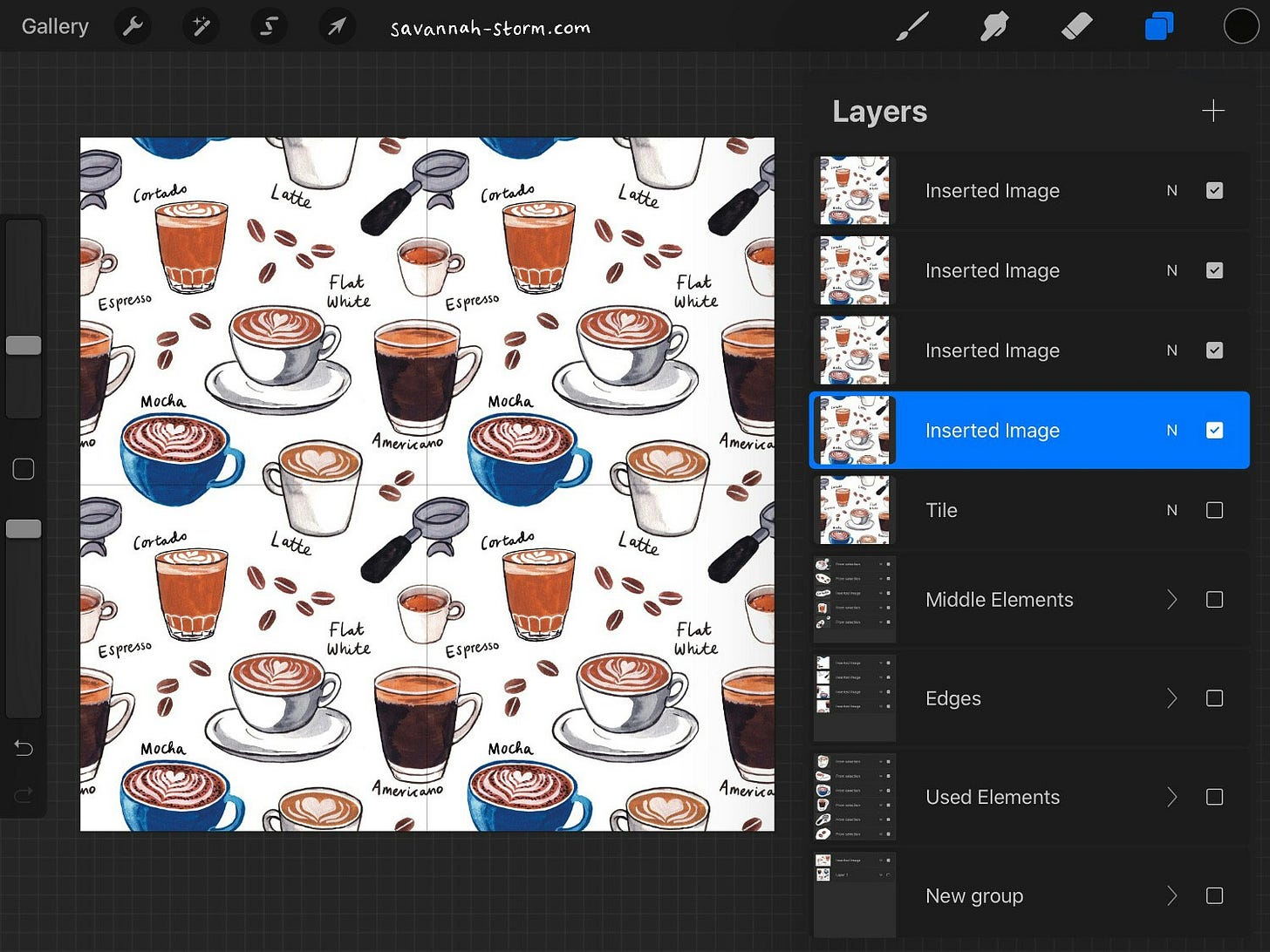 Screenshot of Procreate on the iPad, showing the process of creating an illustrated repeat pattern. Screenshot of Procreate on the iPad, showing the process of creating an illustrated repeat pattern.