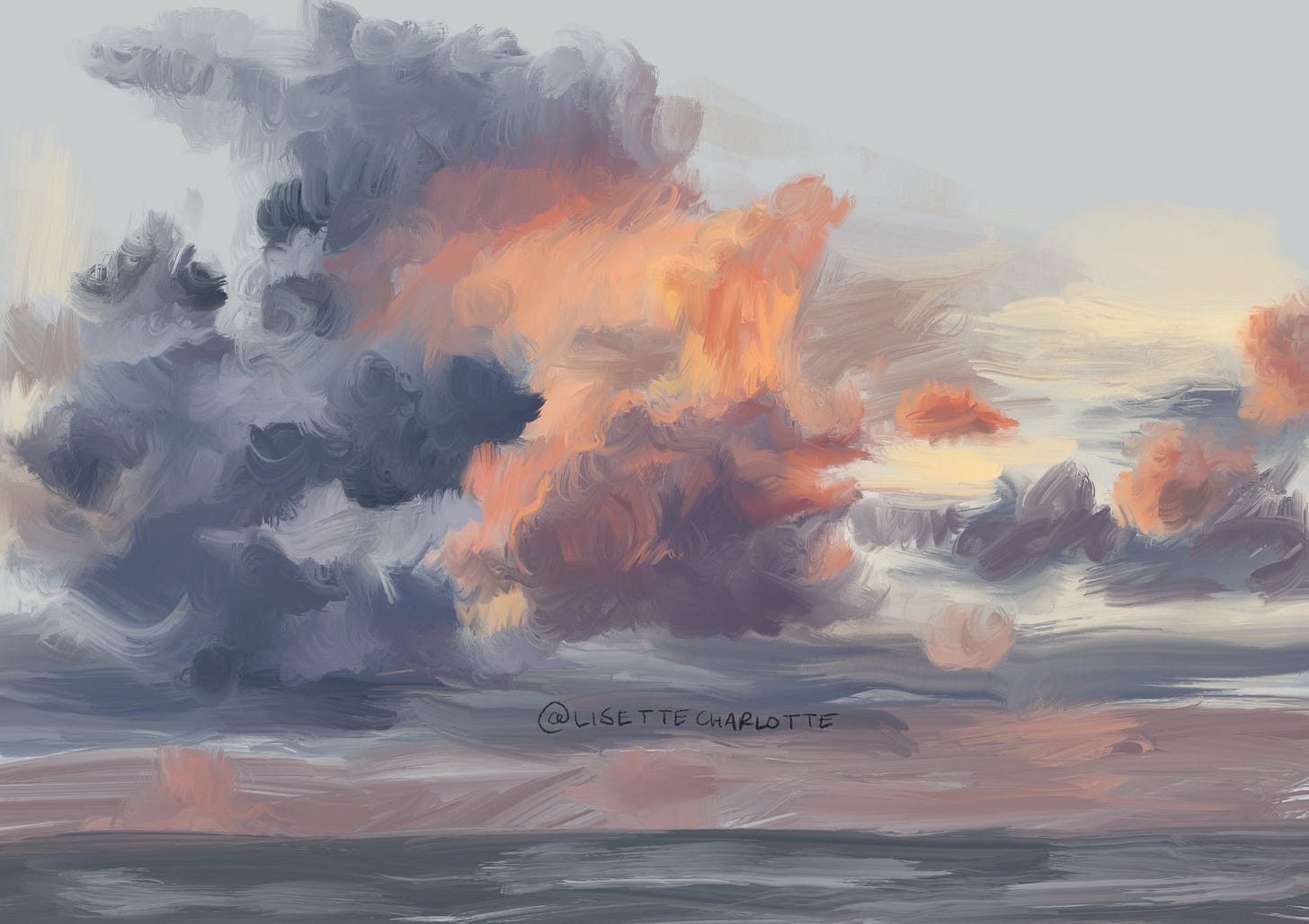 A digital painting of dramatic clouds in the sky in tones of pink, orange and grey
