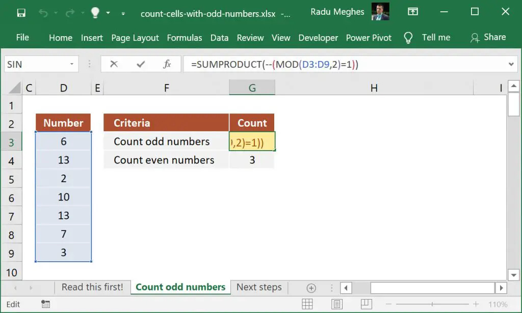 Excel formula to count cells that contain odd numbers