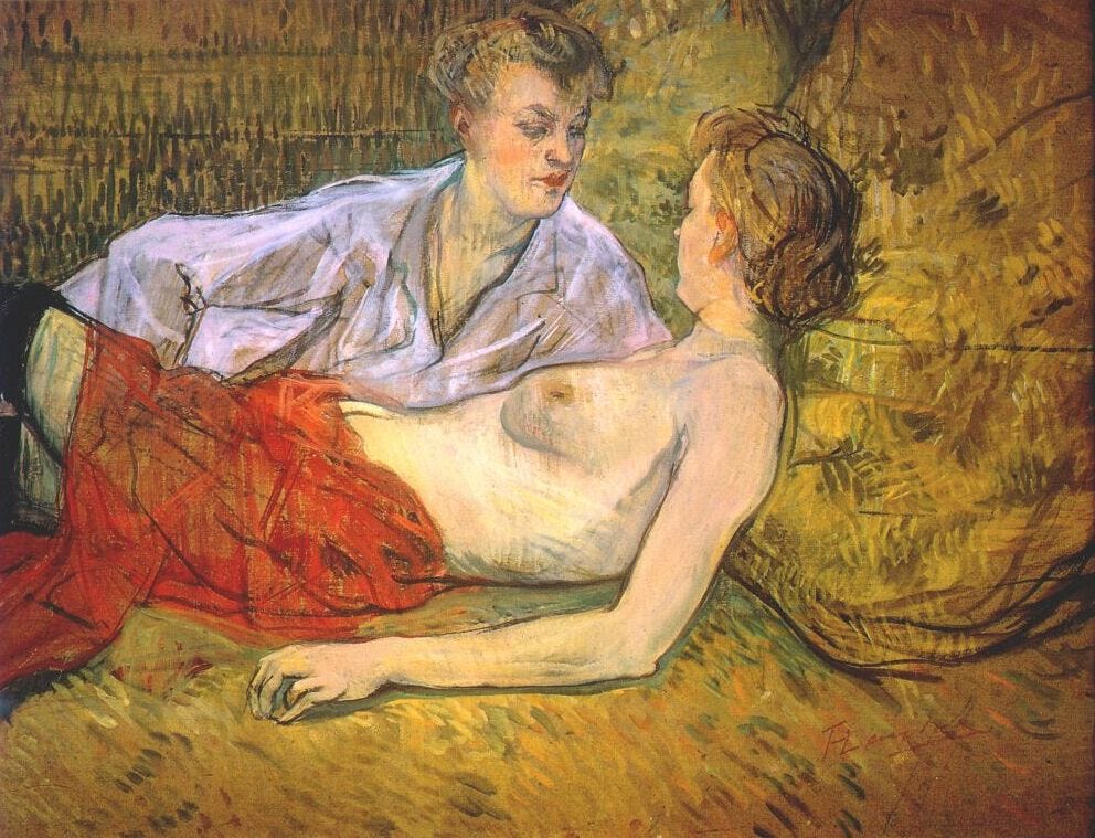 painting of two women on a bed; one lying flat without a shirt; the other leaning over her as if about to kiss her; hand invisible and possibly doing something untoward painting of two women on a bed; one lying flat without a shirt; the other leaning over her as if about to kiss her; hand invisible and possibly doing something untoward