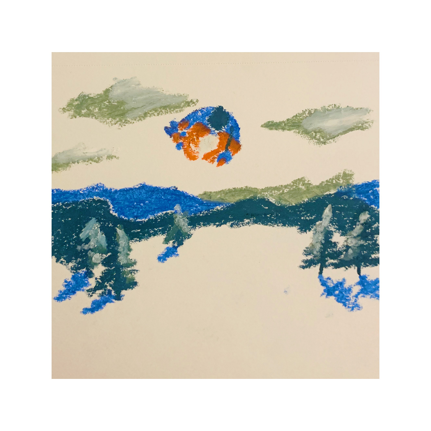 a red and blue dog curled up in the sky, over a dark landscape of hills and pines 