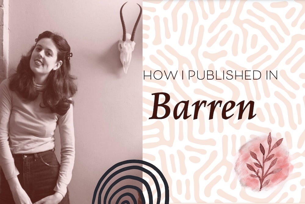 How I Published in Barren...Lyndall cain stands against a brick and smooth wall, wearing long hair pinned back, black jeans and a long-sleeved turtleneck shirt. There is a small skull with antlers on the wall to Lyndall’s left..
