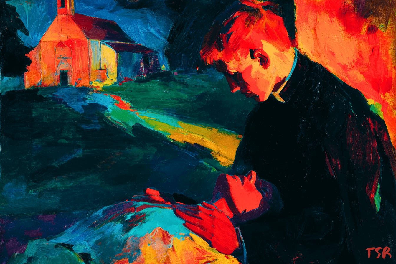 A young priest lays his hands on the chest of a man lying on his back across the priest’s lap, his lover, appearing to restrain or steady him. A young priest lays his hands on the chest of a man lying on his back across the priest’s lap, his lover, appearing to restrain or steady him.