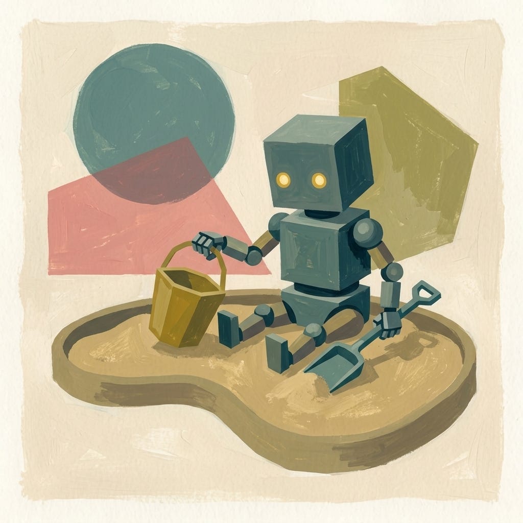 A robot toddler playing in a sandbox A robot toddler playing in a sandbox