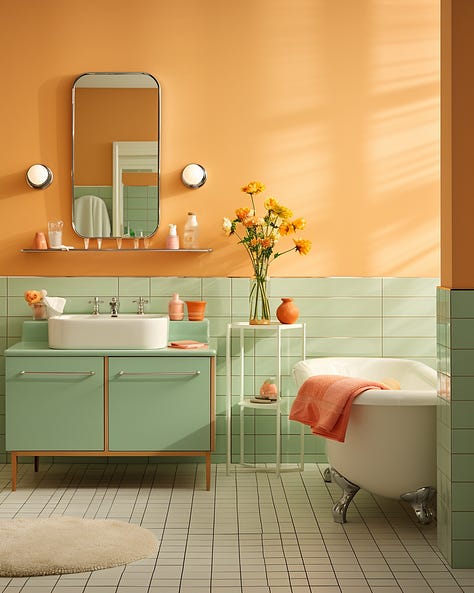 two bathrooms whose styles are blended to create a third