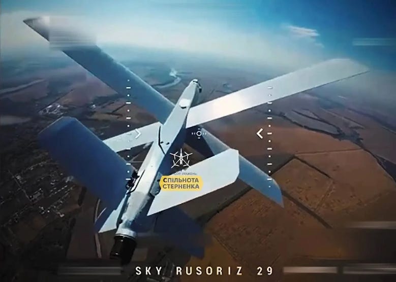 A Lancet in the moments prior to interception by a Ukrainian armed uncrewed multirotor drone employed as a guided surface-to-air munition. Such interceptions have become increasingly commonplace since autumn 2024. A Lancet in the moments prior to interception by a Ukrainian armed uncrewed multirotor drone employed as a guided surface-to-air munition. Such interceptions have become increasingly commonplace since autumn 2024.