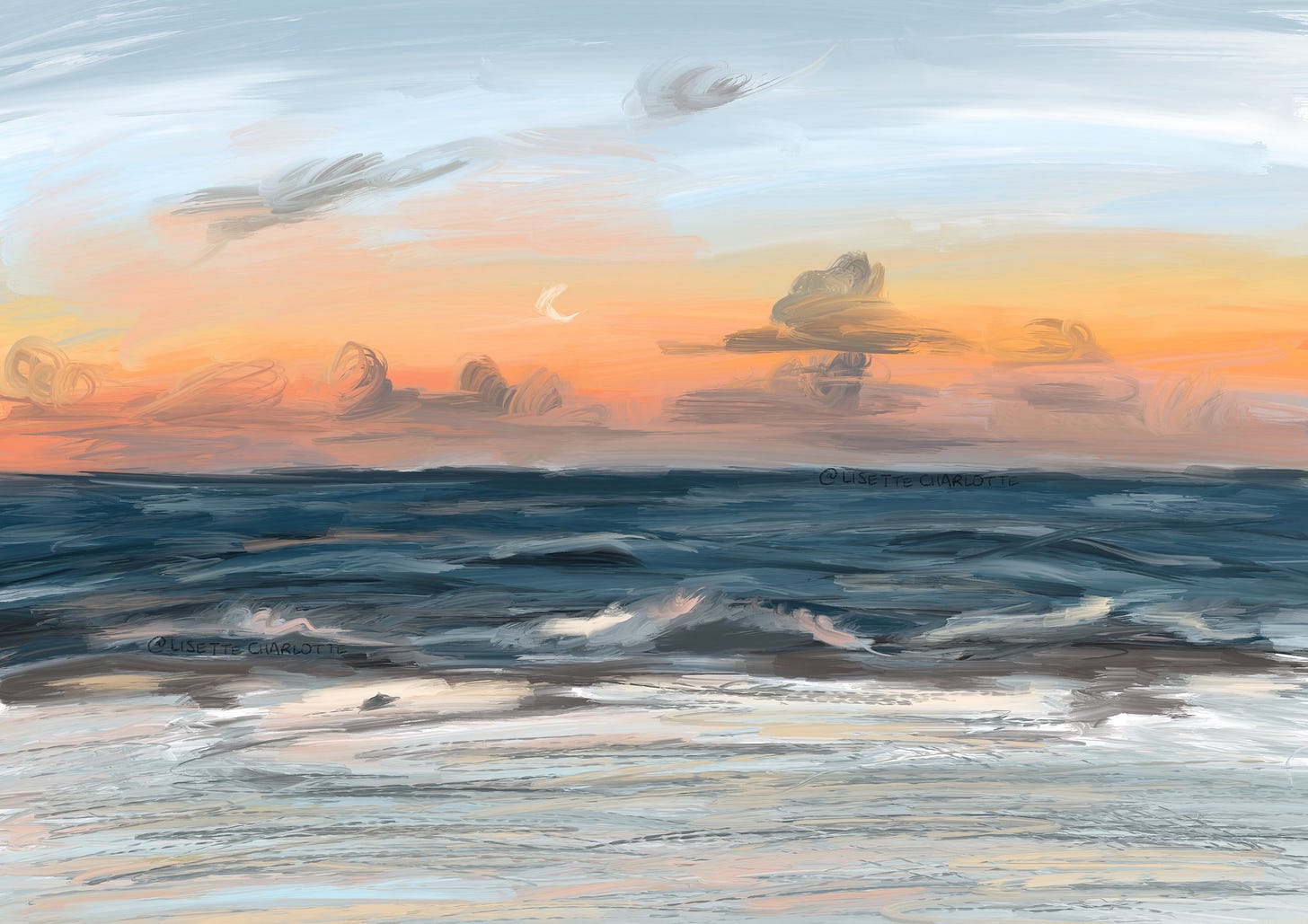 A digital painting of a sunrise over the ocean on the island of Ahe in the Tuamotu French Polynesia