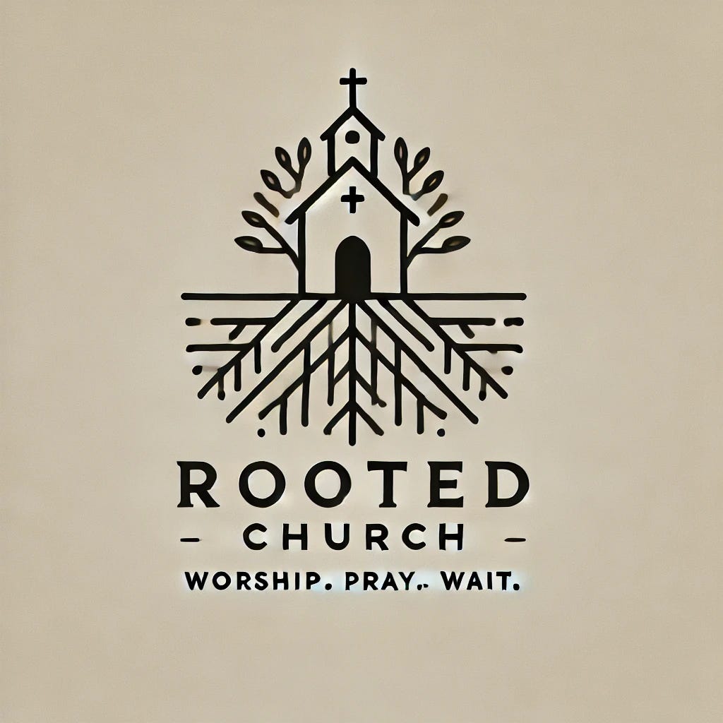 A minimalist church logo design featuring a stylized tree with deep roots and a simple church silhouette integrated into the design. The roots extend downward, symbolizing faith and stability, while the branches reach upward toward the heavens. The words 'Rooted Church: Worship. Pray. Wait.' are elegantly incorporated into the design, using clean and modern typography. The overall look is simple, timeless, and symbolic of spiritual grounding and growth.