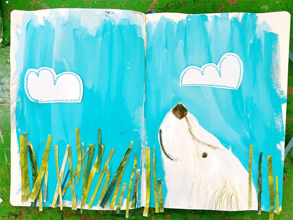 an illustrated stop motion gif of a white dog and ladybug by Beth Spencer