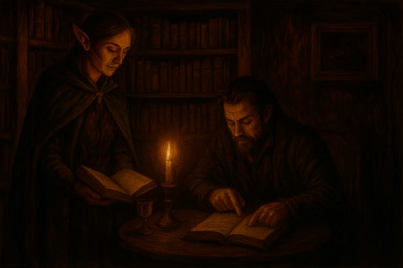 Silverleaf and Felonious in the parlor of the Vallakovich mansion, alone. The room is dimly lit by a flickering chandelier and wall sconces, casting long shadows across velvet drapes and faded wallpaper. The furniture is ornate but worn—gilded chairs, a cracked marble hearth, and a threadbare rug with sunburst motifs. Felonious stands near the hearth, relaxed but sharp-eyed, holding a leather-bound tome. Silverleaf stands nearby, calm and intense, her silver hair catching the candlelight as she gazes at Felonious. The mood is tense and intimate, with candlelight catching on polished wood and the glint of the signet ring in Felonious’s hand.