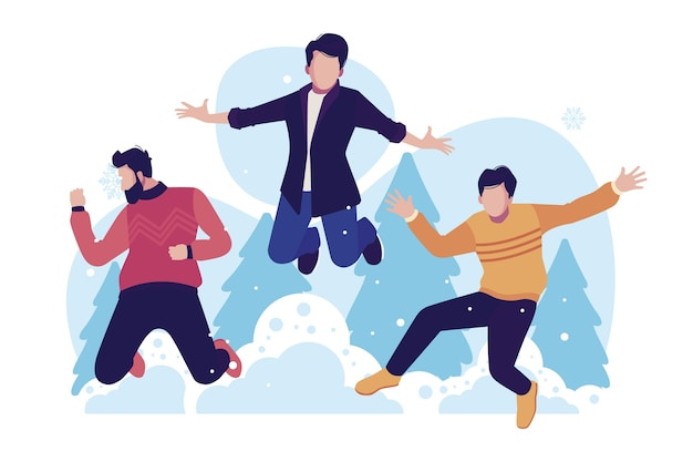 Young people wearing winter clothes jumping with trees in background