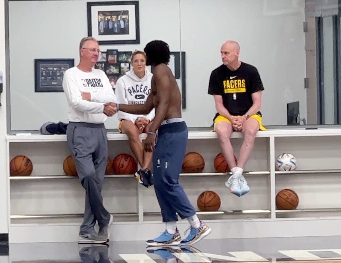 Jarace Walker shook the hand of Larry Bird (and every staff member) after his workout with the Pacers on June 7. Jarace Walker shook the hand of Larry Bird (and every staff member) after his workout with the Pacers on June 7.