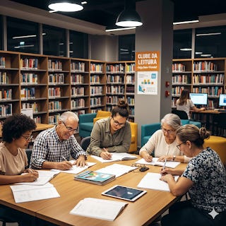#descrevemospravocê  A imagem mostra um grupo de seis pessoas sentadas ao redor de uma mesa retangular em uma biblioteca moderna e bem iluminada. O grupo é diverso, com homens e mulheres de diferentes idades, incluindo pessoas idosas e adultas jovens. Todos estão concentrados em escrever ou ler, com folhas de papel, cadernos e canetas espalhados sobre a mesa. No centro, há também um tablet e alguns livros empilhados.  Ao fundo, as estantes altas estão repletas de livros organizados e há outras pessoas utilizando computadores. Na parede, há um cartaz colorido com os dizeres “Clube da Leitura – Hoje tem Encontro!”, indicando que se trata de uma atividade coletiva promovida pela biblioteca.  O ambiente é acolhedor, com poltronas coloridas, luminárias pendentes e um clima de concentração e troca. A cena transmite um forte senso de comunidade, aprendizado e incentivo à leitura e à escrita em grupo.