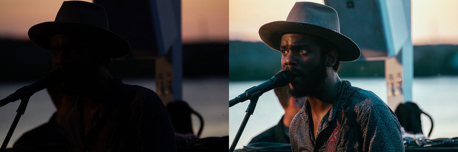 A side by side comparison of the same photo of Gary Clark Jr. The left image is the original, which is very dark and underexposed, with his face mostly in shadow. The right image is the final, edited version, which is brighter, clearer, and shows the details of his face and expression as he sings into a microphone.