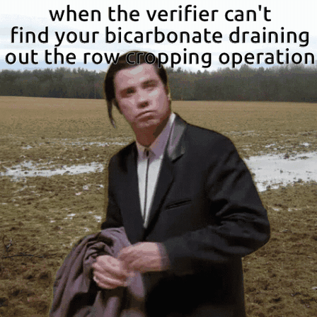 Confused Travolta meme: John Travolta from Pulp Fiction looks around, pasted into a muddy, waterlogged farm field. Text: "when the verifier can't find your bicarbonate draining out the row cropping operation"