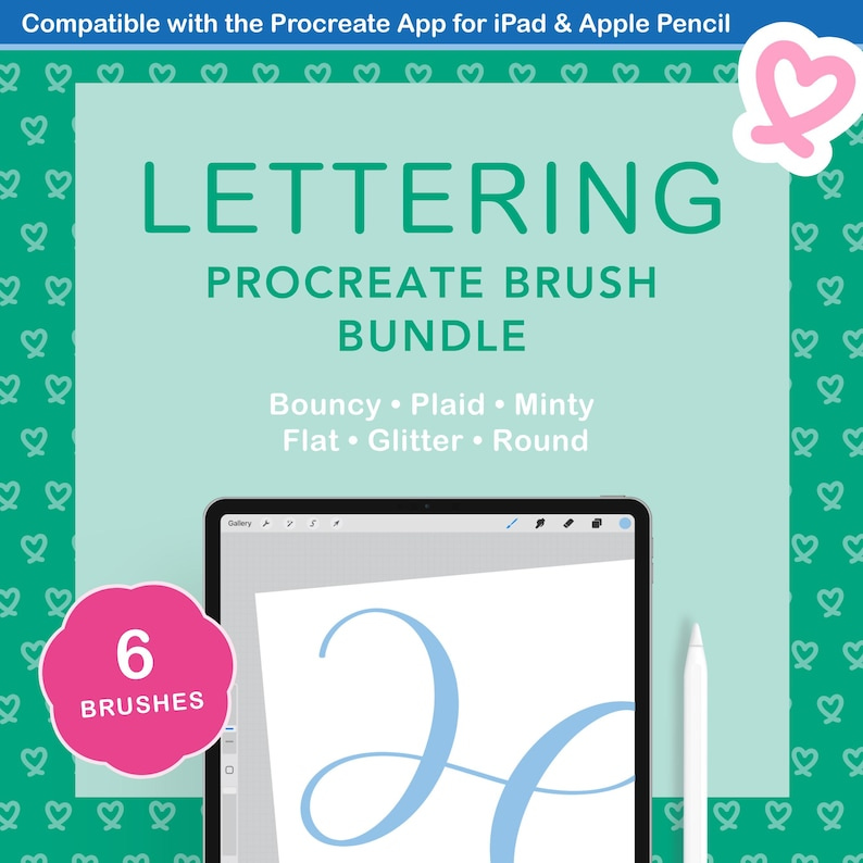The image is a promotional graphic for a "LETTERING PROCREATE BRUSH BUNDLE" that includes a tablet, a stylus, and a brush, along with a heart-shaped sticker.