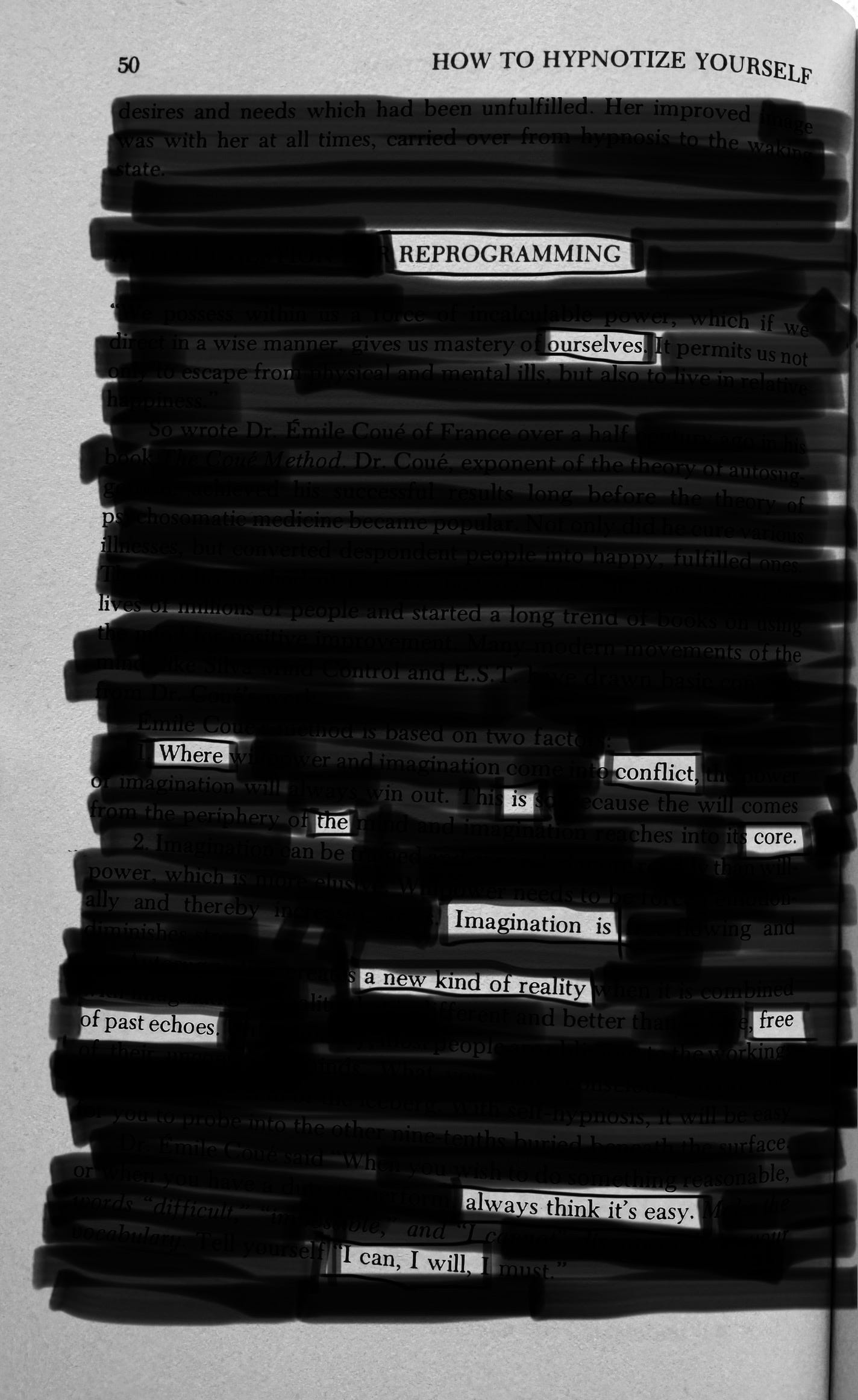 Page from a book called How To Hypnotize Yourself, with all text crossed out except what is written below
