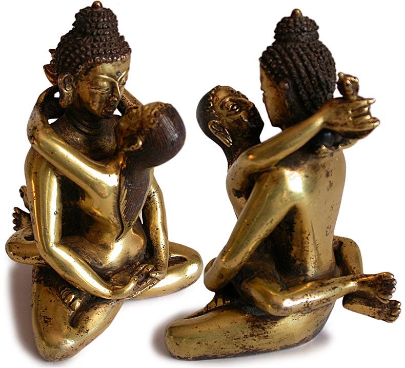 Antique Sino Tibetan Samantabhadra Yab Yum Gilded Bronze Buddha Statue