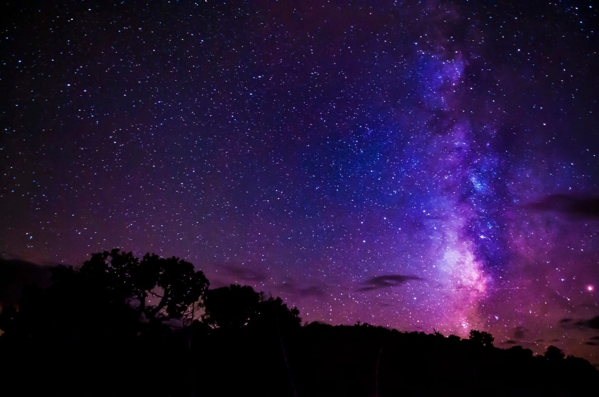 Breathtaking starry sky with violet and purple colors and the outlines of the trees in the distance