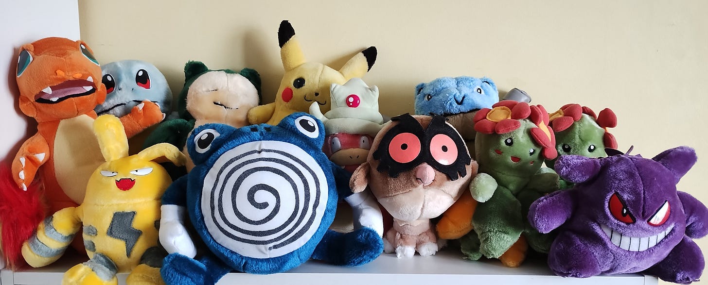 My collection of Pokémon plush toys, originally released in the late 90s and early 2000s, made by companies such as Hasbro and Play by Play My collection of Pokémon plush toys, originally released in the late 90s and early 2000s, made by companies such as Hasbro and Play by Play