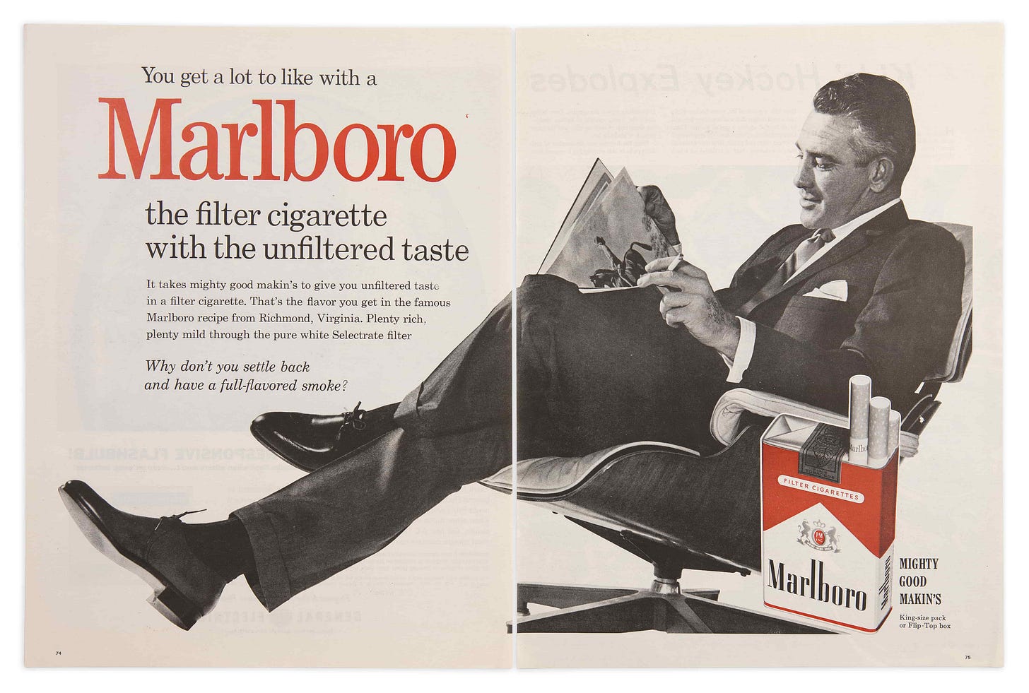 This double page print ad from the 1960’s features the Marlboro man relaxing in the comforts of his Eames Lounge Chair