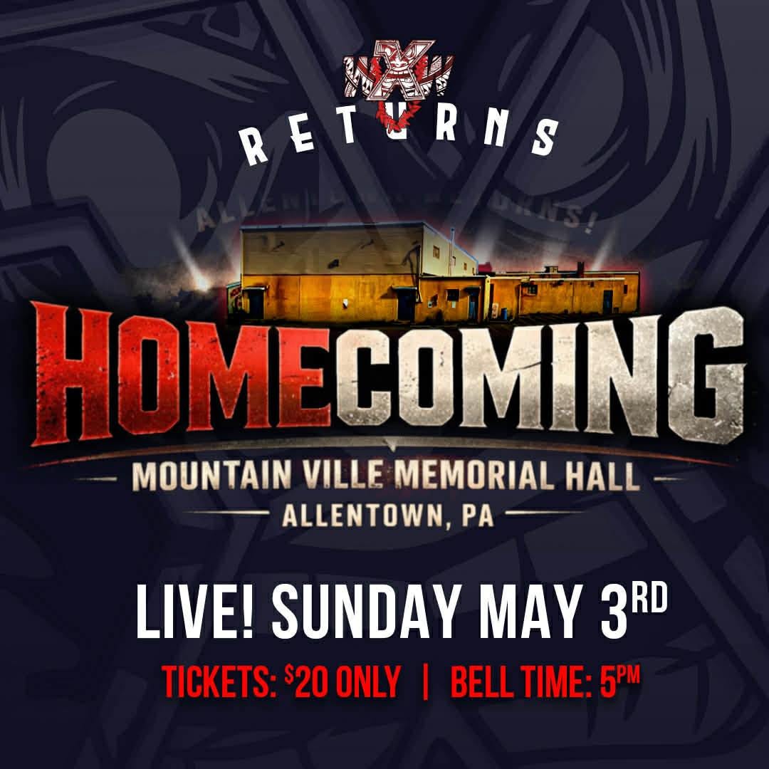 May be an image of text that says 'RETURNS HOMECOMING 更有年 ቸስ MOUNTAIN VILLE MEMORIAL HALL ALLENTOWN, PA LIVE! SUNDAY MAY 3RD TICKETS: $20 ONLY I BELL TIME: 5PM'