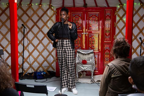 9 images from literary events in Medway. People reading from their books, people watching writers reading from their books. 