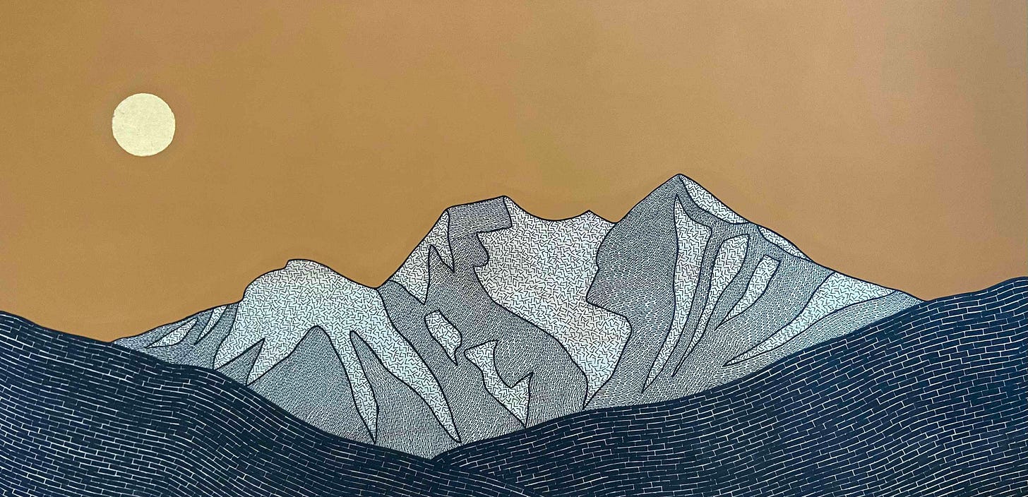 mountain landscape with orange brown sky and moon