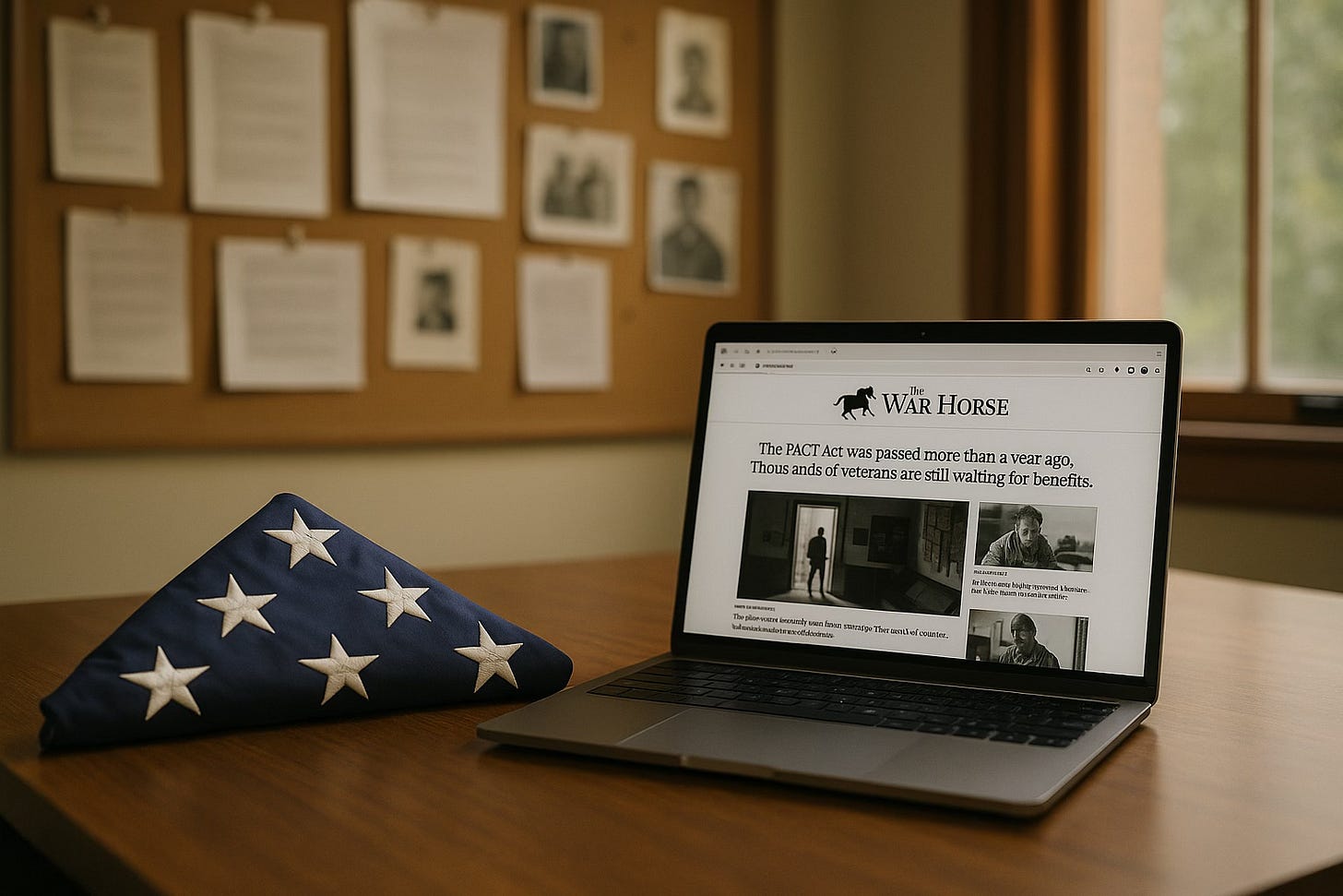 A folded American flag rests beside a laptop showing The War Horse homepage in a warmly lit newsroom, symbolizing journalism born from military service.