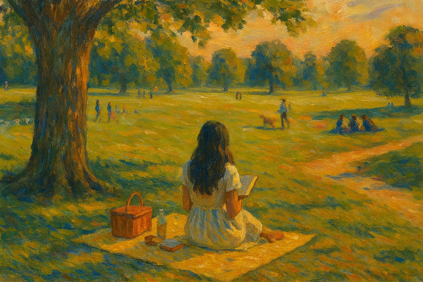 Expressionist-style painting of a woman sitting on a yellow picnic blanket under a large tree, reading a book beside a wicker basket and a bottle of lemonade. The park around her glows with warm afternoon light, with distant figures walking dogs and sitting in groups beneath tall green trees.