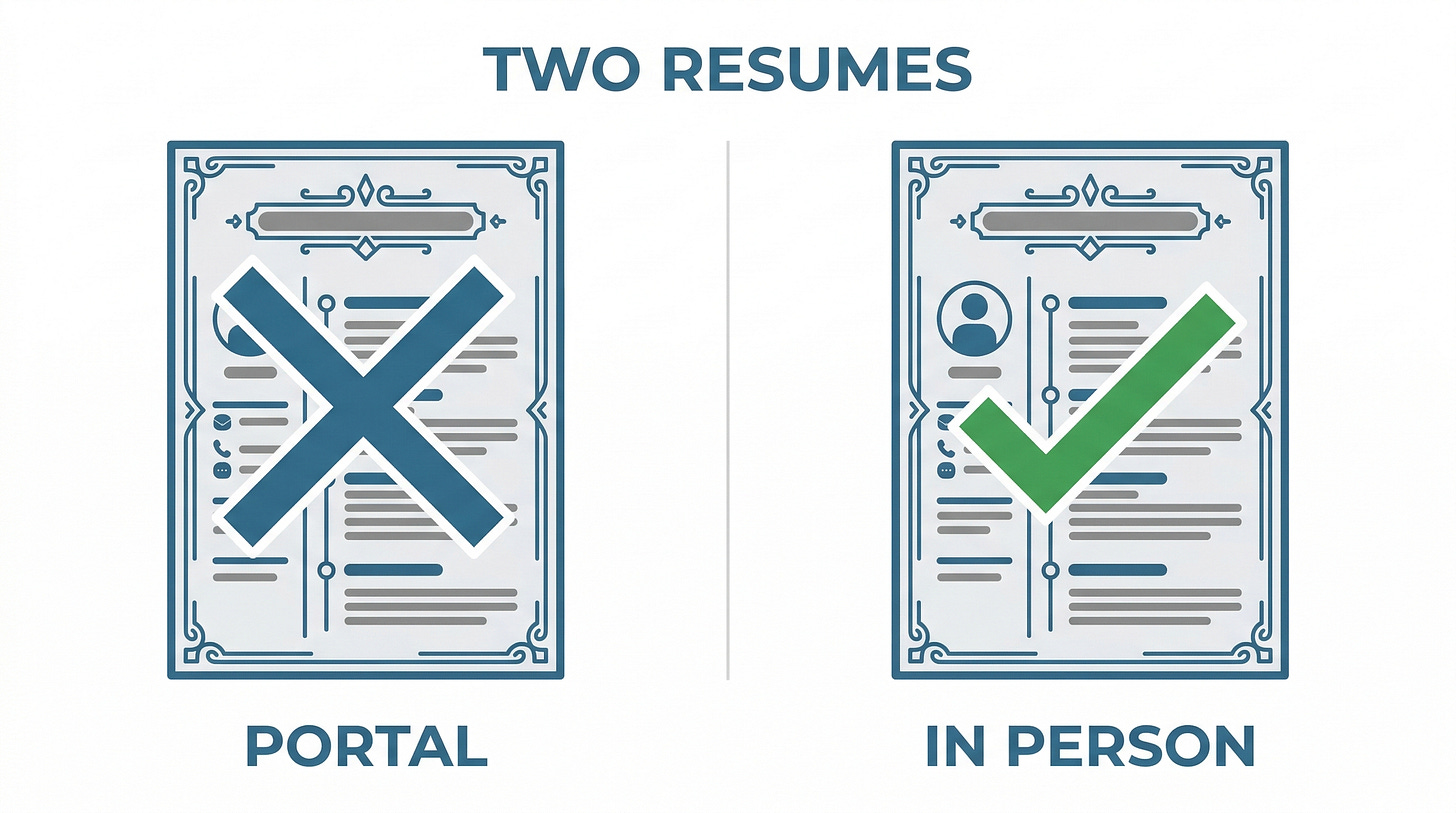 Two-panel comparison: fancy resume with X for portals, same resume with checkmark for in-person