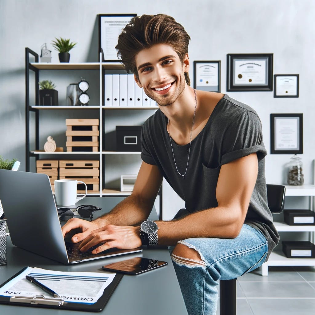 A cool, professional, trendy, and happy tax professional using a computer. The person is sitting at a sleek, modern desk with a laptop, but the screen is blank. They are smiling and look satisfied. The background includes elements like organized shelves, certificates on the wall, and a coffee mug. The professional is dressed in casual attire, such as a stylish t-shirt and jeans, with fashionable accessories. The overall atmosphere is vibrant and modern.