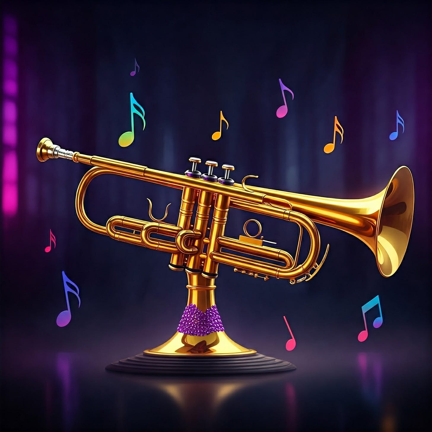 Image of golden trumpet with cosmic notes around it Image of golden trumpet with cosmic notes around it
