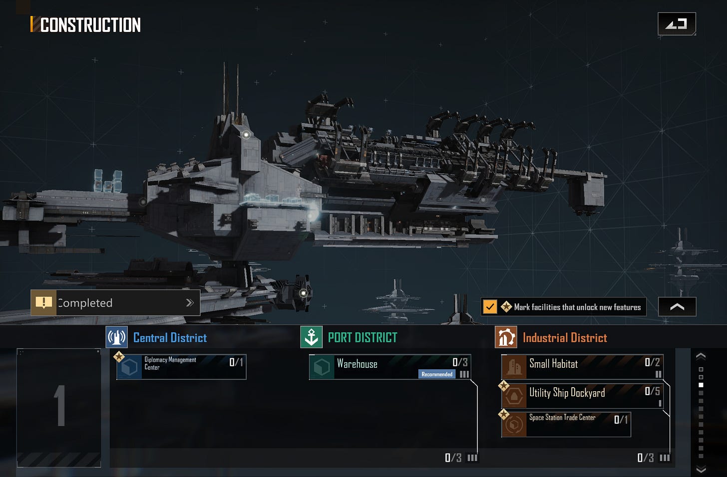 A sci‑fi video game construction screen showing a large modular space station in orbit against a dark starfield with a grid overlay. The interface displays “CONSTRUCTION” and sections for “Central District,” “Port District,” and “Industrial District,” with build options such as “Diplomacy Management Center,” “Warehouse,” “Small Habitat,” “Utility Ship Dockyard,” and “Space Station Trade Center,” along with completion counters and a prompt to mark facilities that unlock new features.