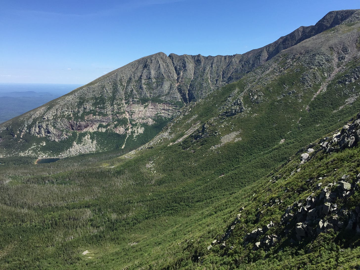 2017-07-26 14 08 12 View east-southeast from about 4,200 feet above sea level on Mount Katahdin's Northwest Basin Trail looking towards the Knife Edge in Baxter State Park, Piscataquis County, Maine