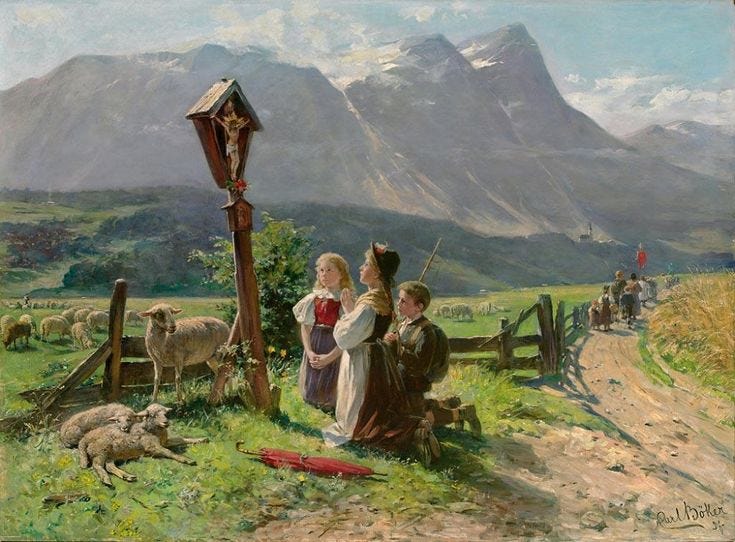 This may contain: a painting of two women sitting on a hill with sheep and a lamp post in the foreground