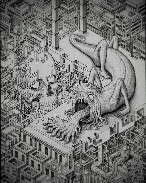 Creature, skull, young woman on buildings (?) Creature, skull, young woman on buildings (?)